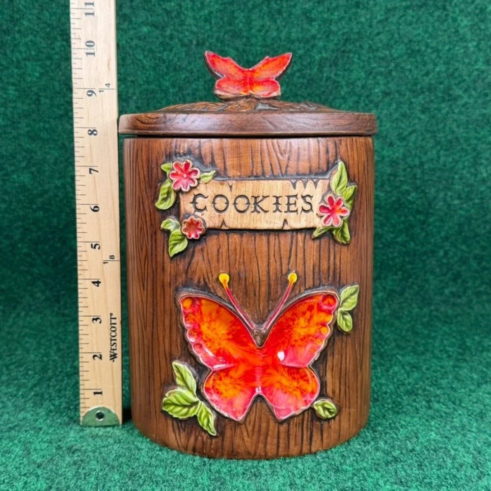 Vintage Treasure Craft Butterfly Cookie Jar Wood Look Ceramic Canister USA Made